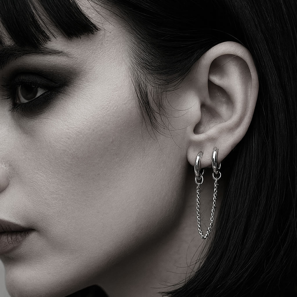 Double Piercing Chain Drop Hoop Earring