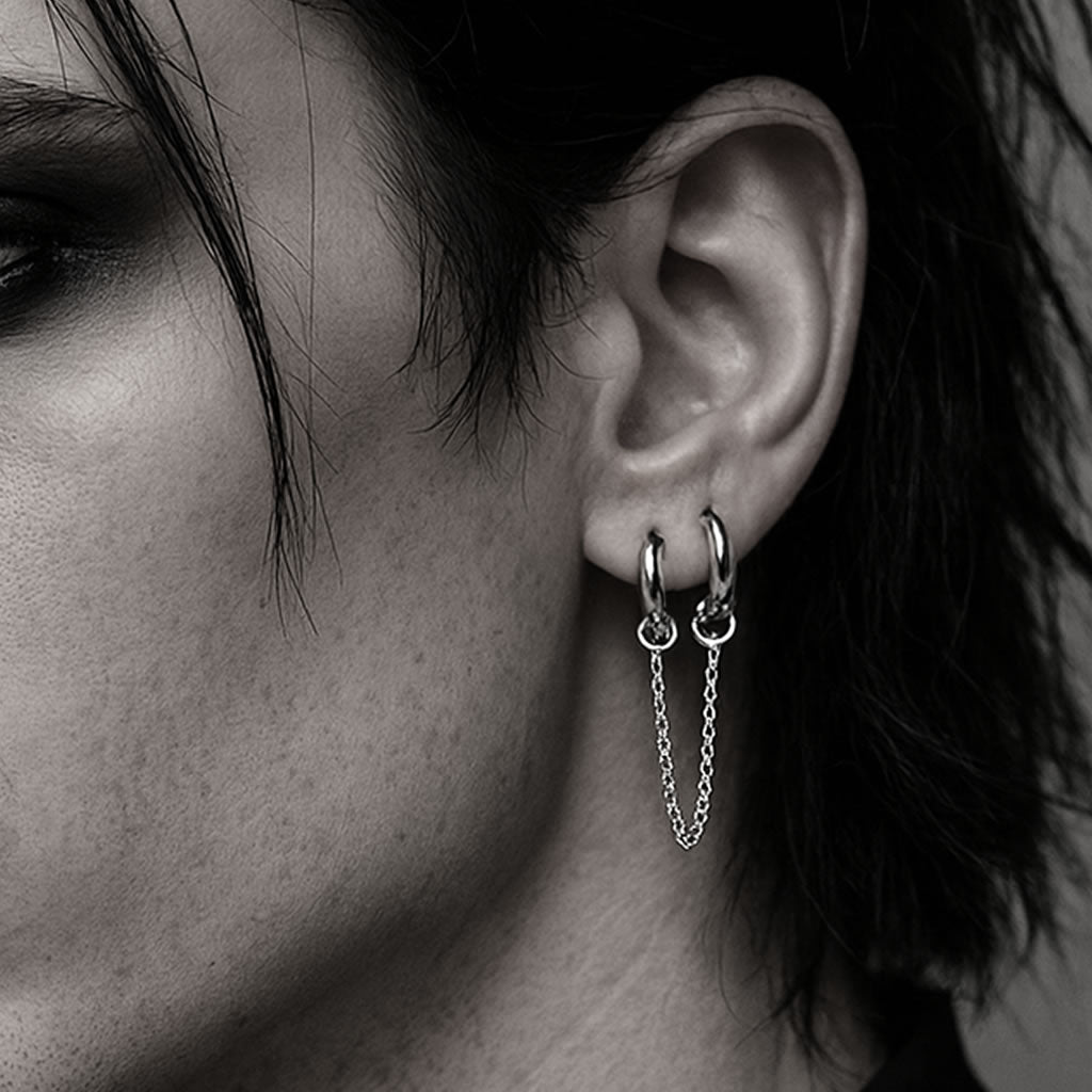 Double Piercing Chain Drop Hoop Earring
