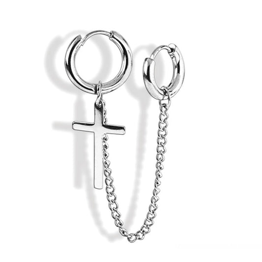 Double Piercing Cross Chain Drop Hoop Earring