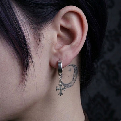 Steel Gothic Cross Hoop Earrings