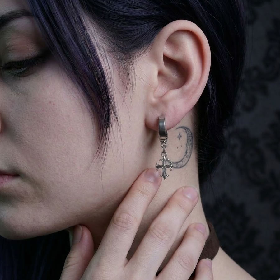 Steel Gothic Cross Hoop Earrings
