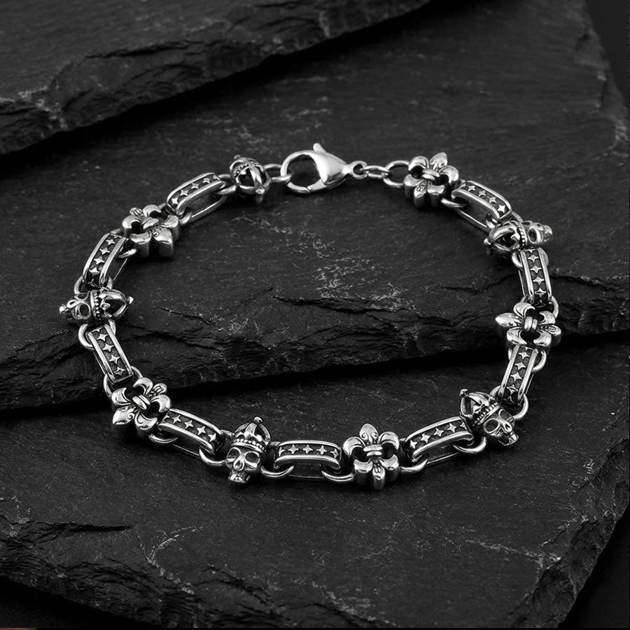 Skull &amp; Fleur De Lis Chain Link Bracelet