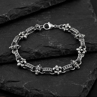 Skull &amp; Fleur De Lis Chain Link Bracelet