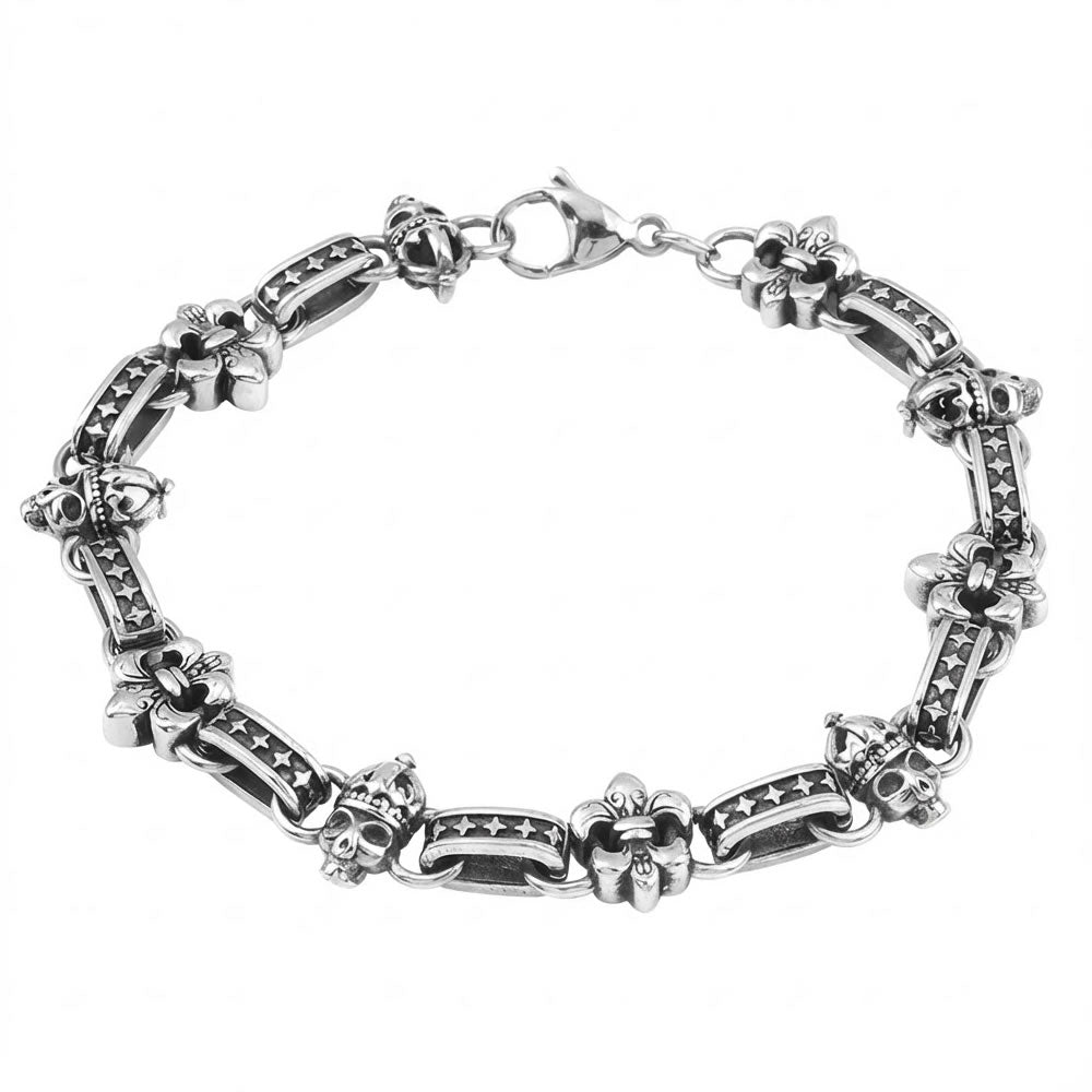 Skull &amp; Fleur De Lis Chain Link Bracelet
