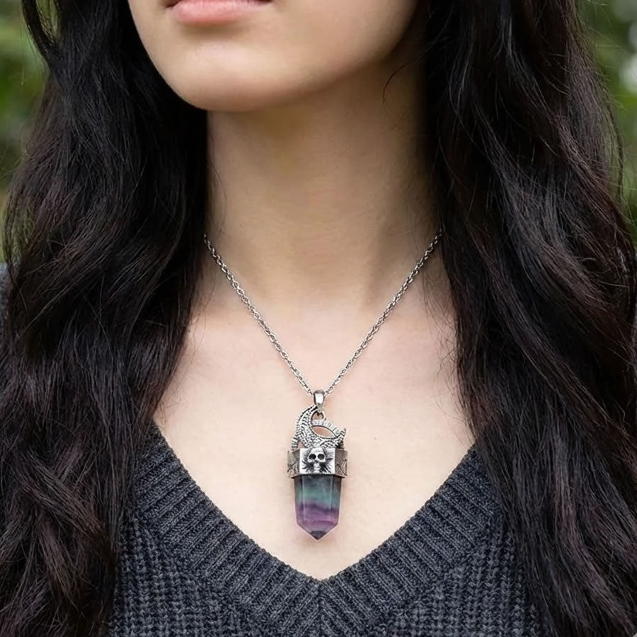 Fluorite Skull Moon Crystal Point Necklace