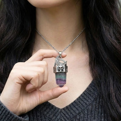 Fluorite Skull Moon Crystal Point Necklace