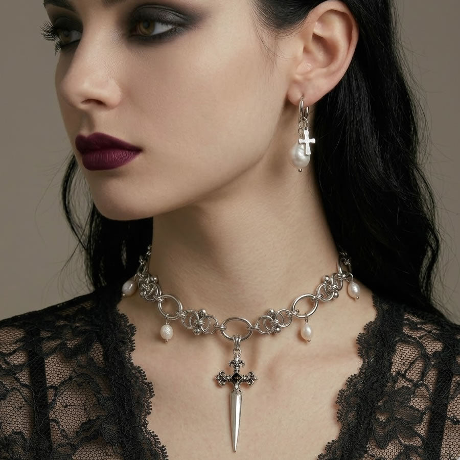 Gothic Cross & Pearl Hoop Earrings