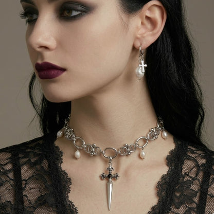 Gothic Cross & Pearl Hoop Earrings