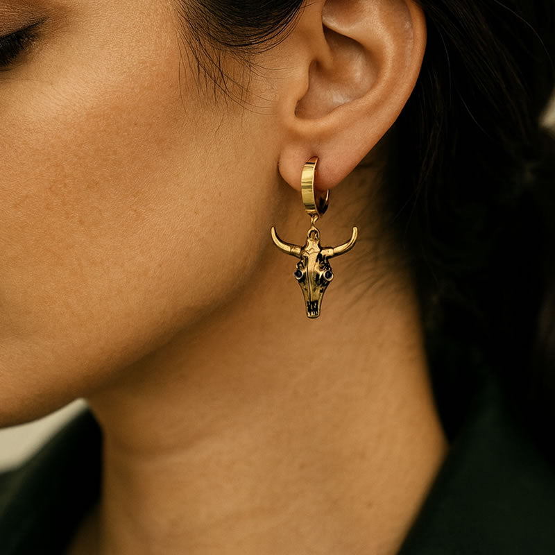 Bull Skull Huggie Hoop Earrings (Gold)