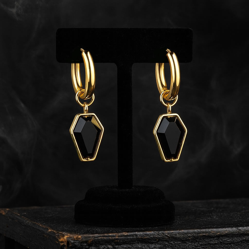 Black Stone Coffin Charm Hoop Earrings (Gold)