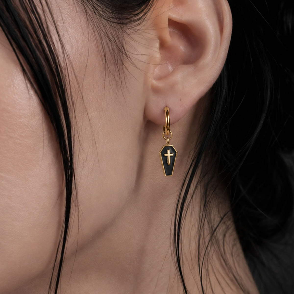Coffin Cross Charm Hoop Earrings