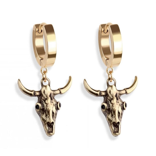 Bull Skull Huggie Hoop Earrings (Gold)