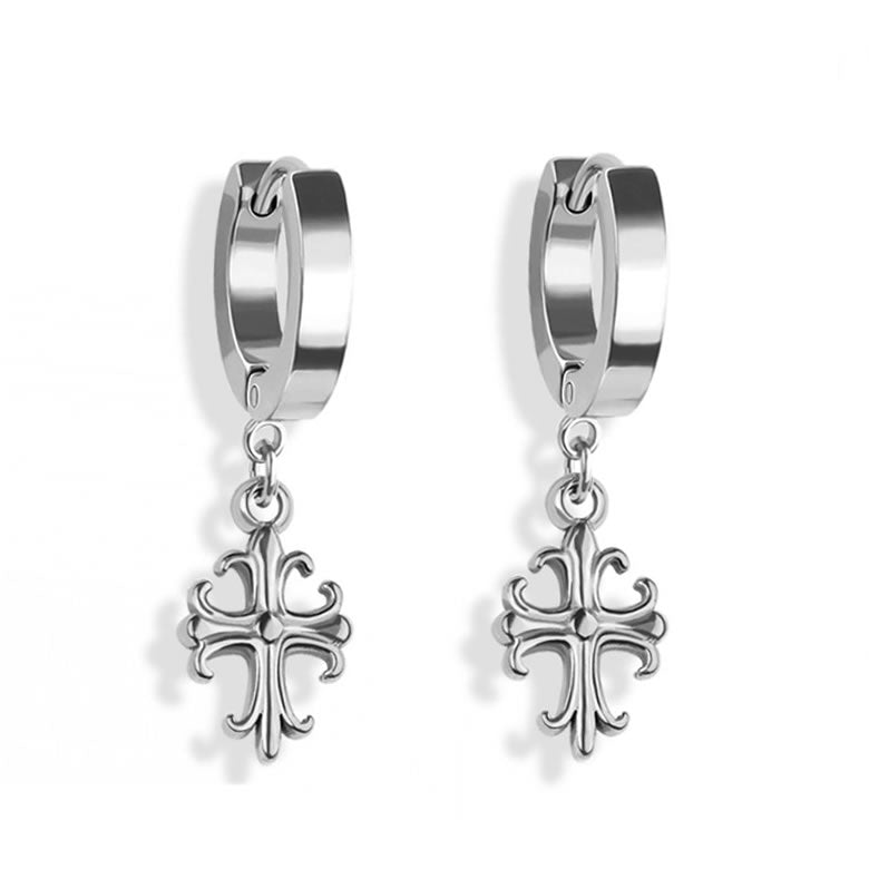 Steel Gothic Cross Hoop Earrings