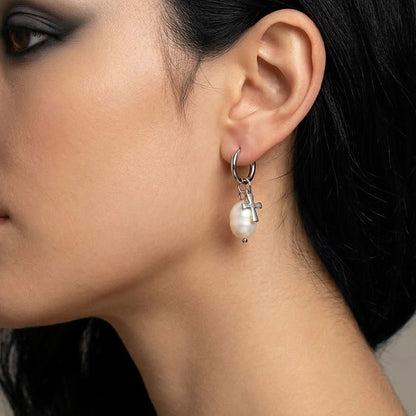 Gothic Cross & Pearl Hoop Earrings