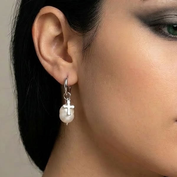 Gothic Cross & Pearl Hoop Earrings