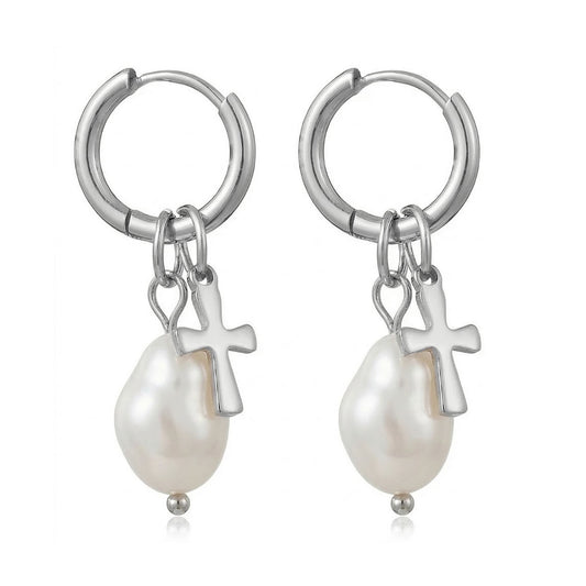 Juliet Gothic Cross & Pearl Hoop Earrings