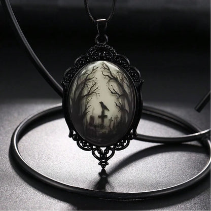 Gothic Raven Cemetery Scene Cameo Necklace