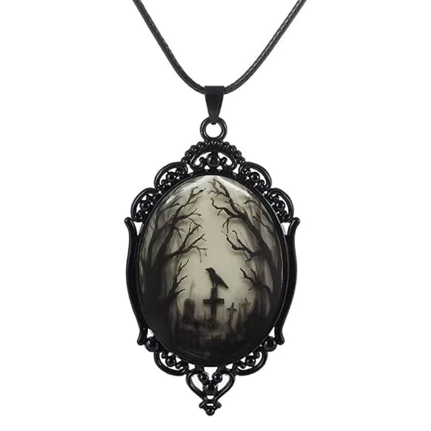 Gothic Raven Cemetery Scene Cameo Necklace