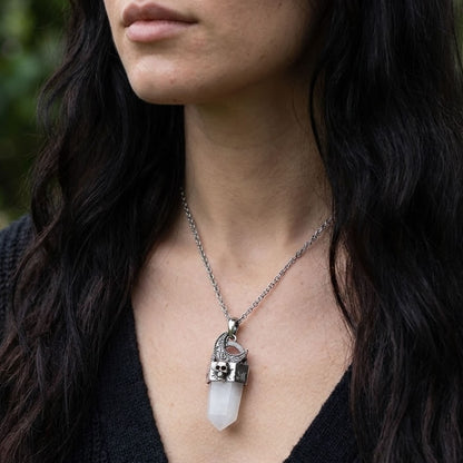 Clear Quartz Skull Moon Crystal Point Necklace