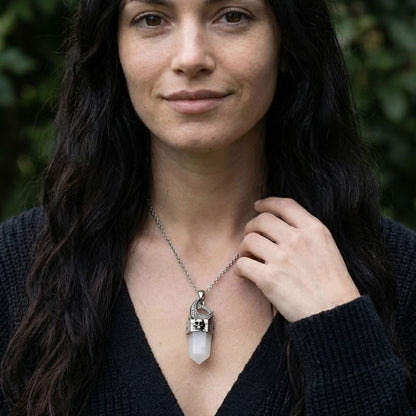 Clear Quartz Skull Moon Crystal Point Necklace