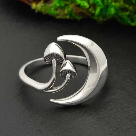 Sterling Silver Mushroom Crescent Moon Ring