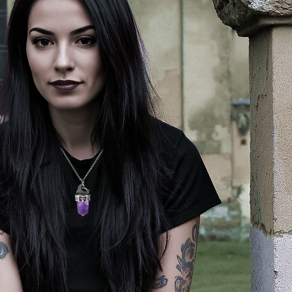 Amethyst Skull Moon Crystal Point Necklace