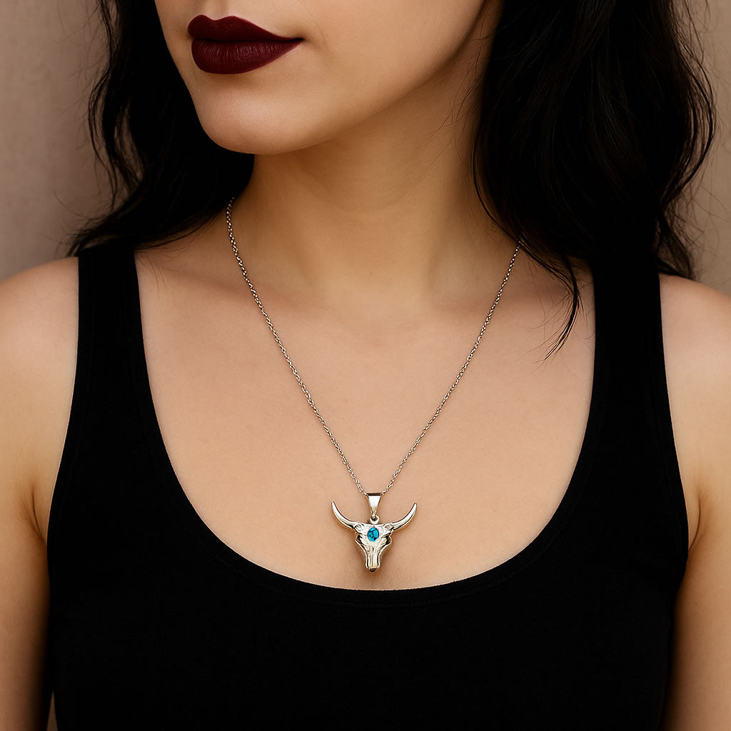 Sterling Silver & Turquoise Steer Head Necklace
