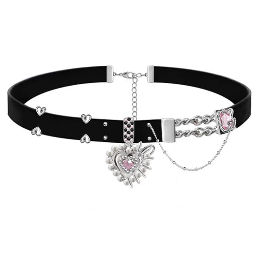 Pink & Black Chequer Heart Choker Necklace