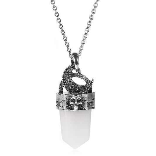 Clear Quartz Skull Moon Crystal Point Necklace