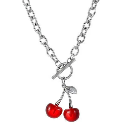 Stainless Steel Red Cherry T-Bar Necklace