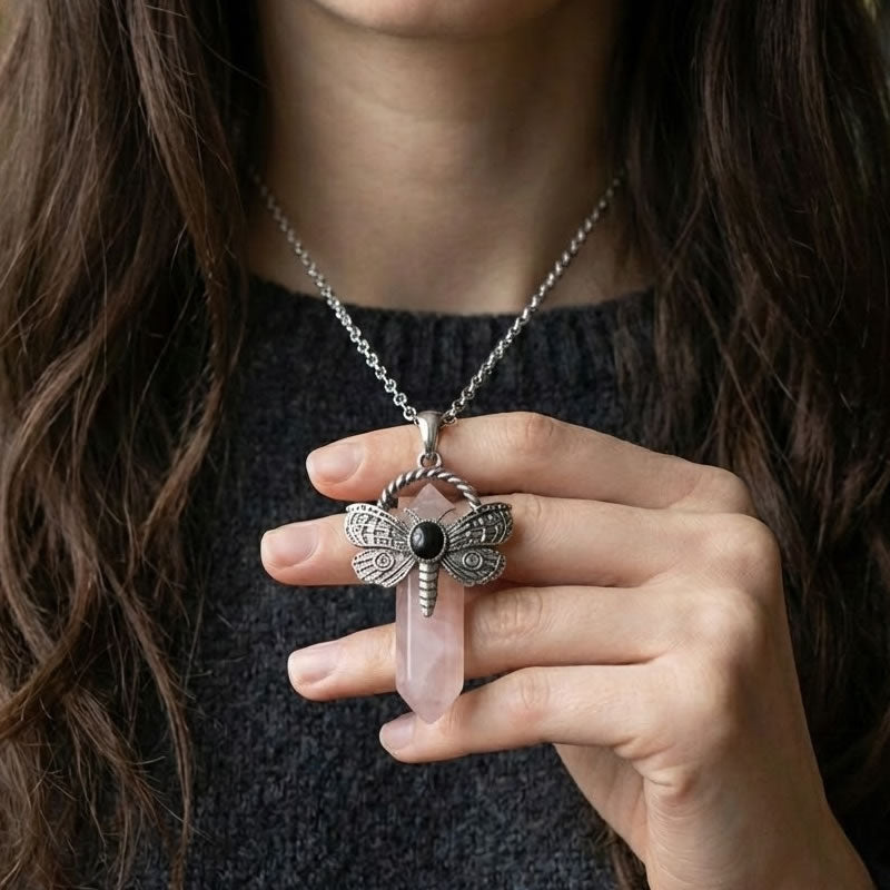Rose Quartz Moth Crystal Point Necklace