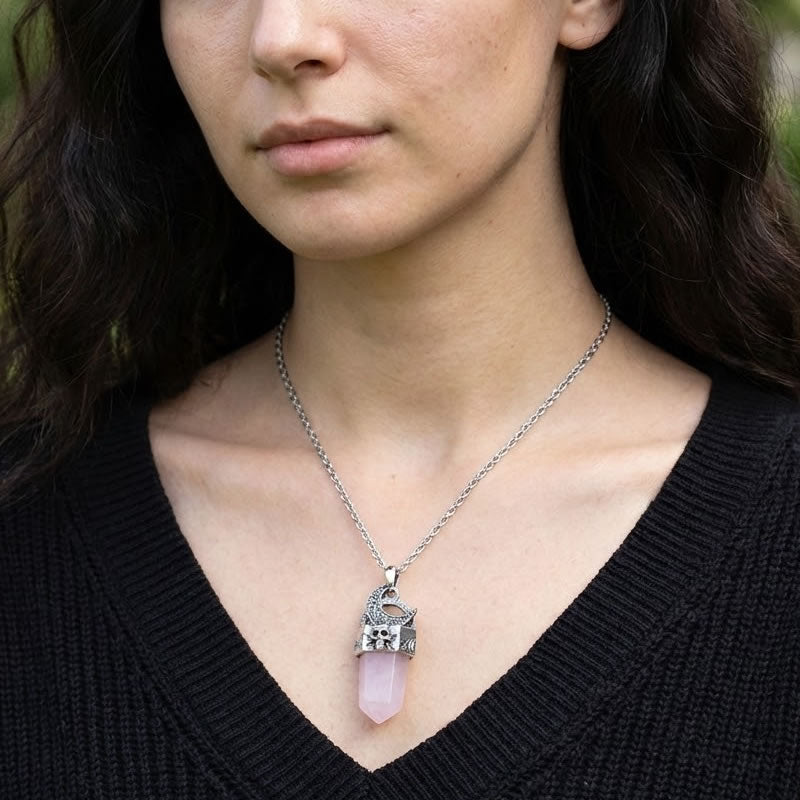 Rose Quartz Skull Moon Crystal Point Necklace