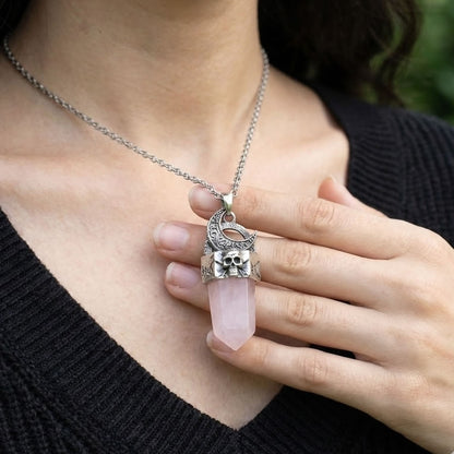 Rose Quartz Skull Moon Crystal Point Necklace
