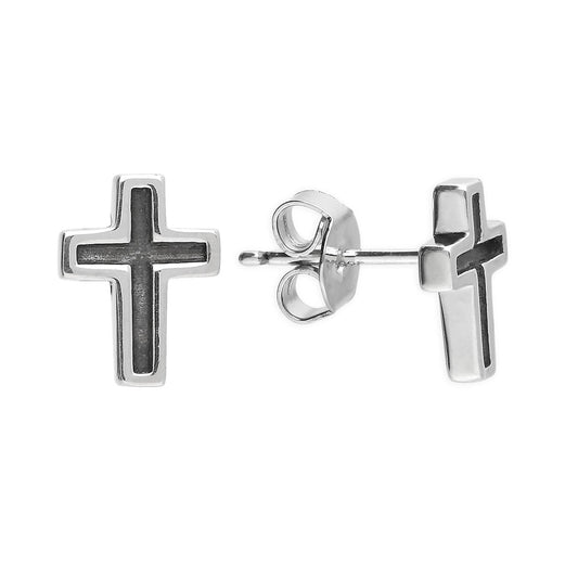 Sterling Silver Oxidised Cross Stud Earrings