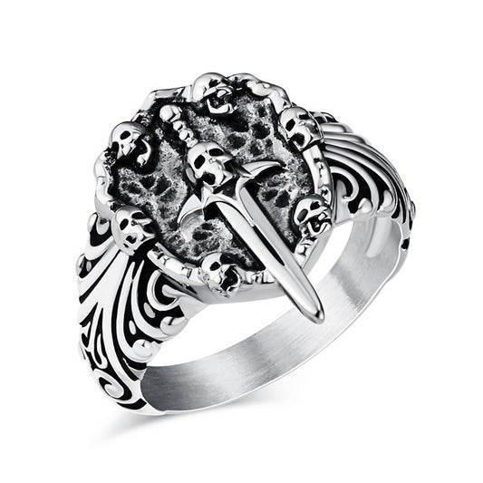 Steel Skull Shield & Dagger Ring