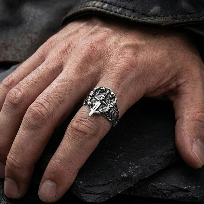 Steel Skull Shield & Dagger Ring