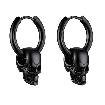 Stainless Steel Black Skull Hoop Earrings