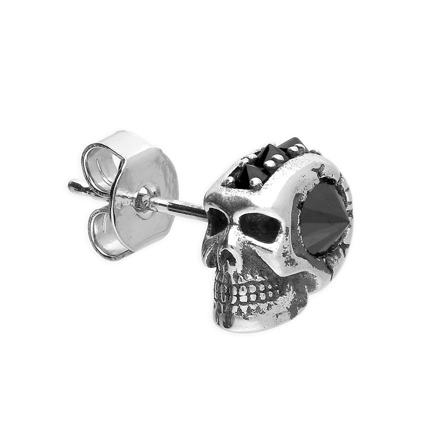 Silver Single Black Stone Skull Stud Earring