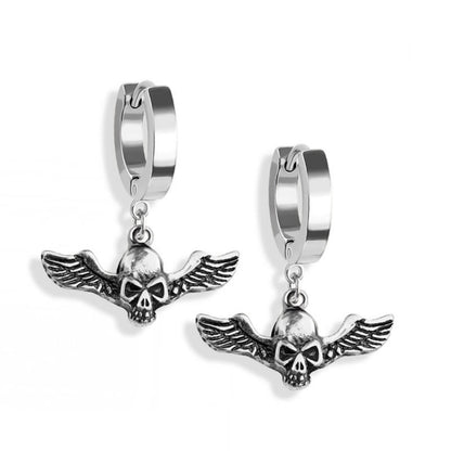 Steel Gothic Skull Wing Hoop Earrings