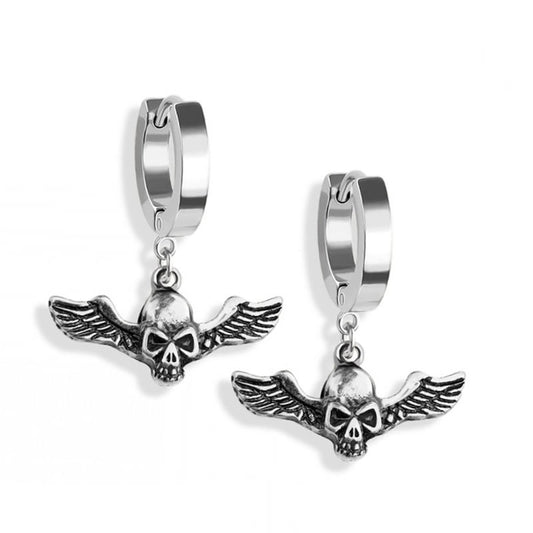 Steel Gothic Skull Wing Hoop Earrings