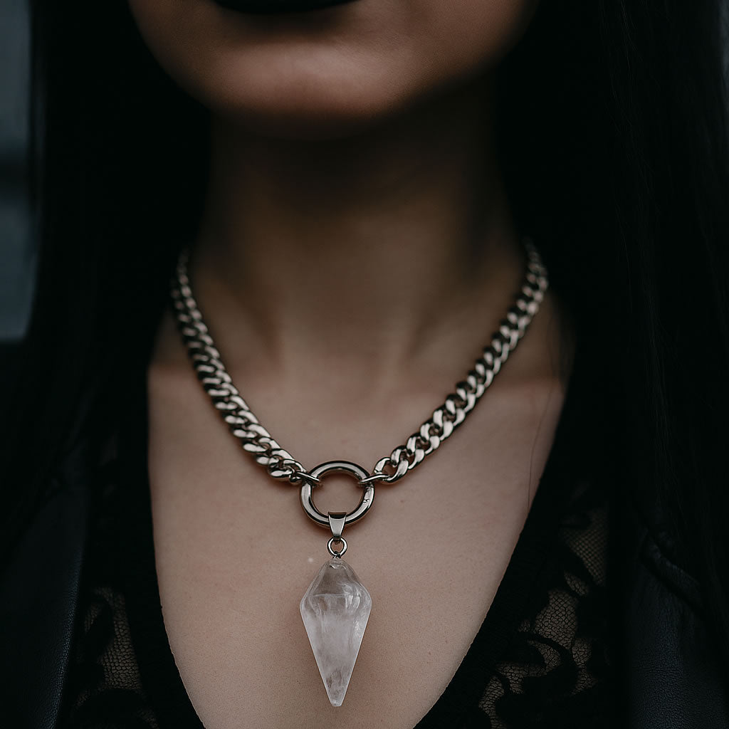 Stainless Steel Chunky Quartz Crystal Pendulum Necklace