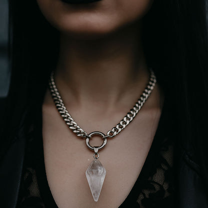 Stainless Steel Chunky Quartz Crystal Pendulum Necklace