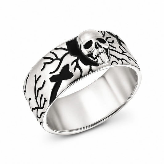 Solid Silver Oxidised Skull Band Ring
