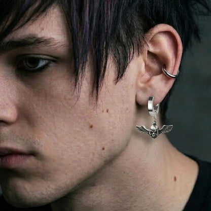 Steel Gothic Skull Wing Hoop Earrings