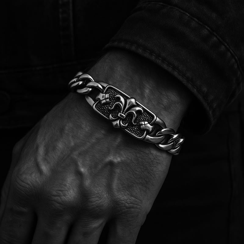 Stainless Steel Fleur-De-Lis Chunky Curb Chain Bracelet