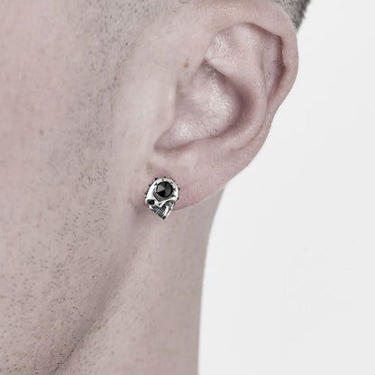Silver Single Black Stone Skull Stud Earring
